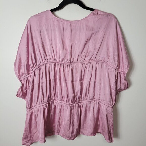 Old Navy Size XXL Waist-Defined Satin Shirred Tie-Front Short Sleeve Blouse Pink - Picture 7 of 7